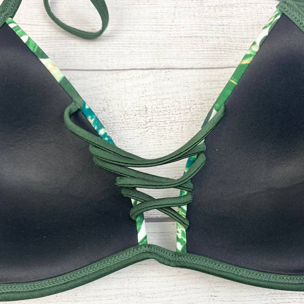 NEW RELLECIGA designed in Paris Gold Shimmer Green Leaf Tropical Bikini Top L - Picture 6 of 8